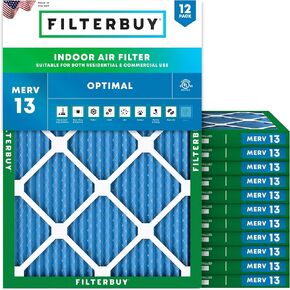Filterbuy 20x22x1 Air Filter MERV 13 Optimal Defense (12-Pack), Pleated HVAC AC Furnace Air Filters Replacement (Actual Size: 19.50 x 21.50 x 0.75 Inches)