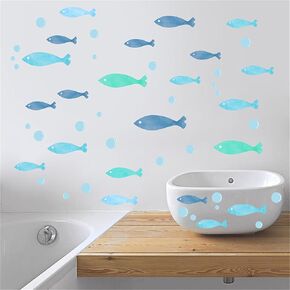 4 Sheets Ocean Fish Wall Decals Ocean Animals Wall Decor Removable Under The Sea Fish Decorative Bubbles and Blue Fish Wall Stickers for Bathroom Kids Girls Boy Nursery Bedroom