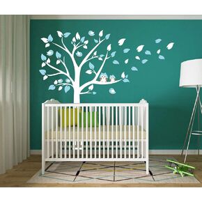 Cute Owls with Birds Stand on The Tree Wall Decals Tree Wall Decals Tree Wall Sticker for Kid Baby Nursery Room (87x78) (Blue)