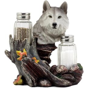 DWK Gray Wolf Salt & Pepper Holder Figurine with Refillable Salt and Pepper Shakers | Rustic Wildlife Wolf Decor | Animal Decor for Kitchen | - 6"