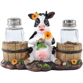 Ebros Gift Lovely Sunflower Cow With Old Country Farm Milk Barrels Decorative Glass Salt Pepper Shakers Holder Resin Figurine 7" Wide