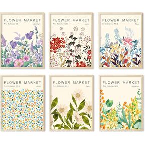 Flower Market Poster Prints Set of 6 Floral Wall Art Aesthetic Florist Botanical Plant Artwork Wall Decor Picture Abstract Minimalist Canvas Wall Art for Room (8"x10" UNFRAMED)