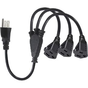 KUNCAN 3-Way Splitter Extension Cord - 3 Prong 1 to 3 Way Power Splitter, 1FT 18AWG 10A/1250W, NEMA 5-15P to 3X NEMA 5-15R Y Style 3-Outlet Extension Cord for Home, Room, Office(Black 1-Pack)