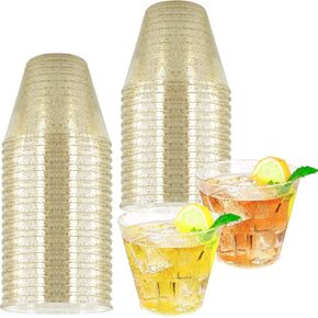 HKACSTHI 25 Pieces 9oz Plastic Cups Disposable Glitter Cups Wine Glasses Clear Plastic Tumblers Dessert Cups Drinking Cups Wedding Party Cups Cocktail Cups (Gold)