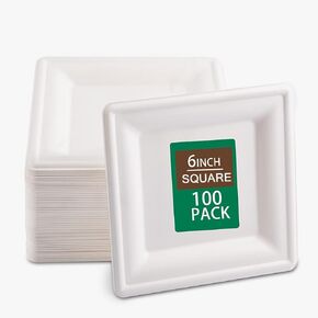 SUT 10-Inch Compostable Paper Plates, 100 PCS Square Biodegradable Bagasse Plates, Heavy-Duty Microwaveable Plates, Eco-Friendly Natural Disposable Plates, Made of Sugarcane Fibers, for Party, Picnic