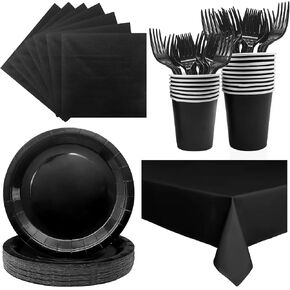 Severs 25 Guests Black Paper Plates 9 Inch,Bulk Black Paper Plates Cups Napkins and Tablecloth,Disposable Cake Plates Paper Plate Black for Birthday Wedding Party