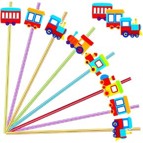 24 Pack Train Theme Straws 6 Colors Reusable Plastic Straws Drink Cocktail Straws with Cartoon Decoration Kids Train Party Supplies Birthday Party Favors with 2 Cleaning Brushes