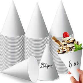 Eaasty 200 Pcs Snow Cone Cups 6 Oz Disposable Paper Cone Cups Leakproof Rolled Rim Paper Cone Cups Snow Cone Supplies for Slush Shaved Ice Cream Sorbet Water, Party Wedding, White
