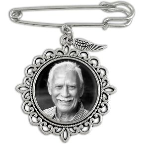 MemoriPix Wedding Bouquet Photo Boutonniere Charm Ornate Angel Wing Circle Pin with Photo Resizer