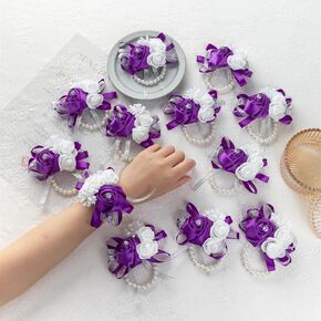 12Pcs/lot Women Bride Bridal Bridesmaid Wrist Corsage Silk Rose Pearls Girls Wedding Hand Flowers Party Decoration (Champagne)