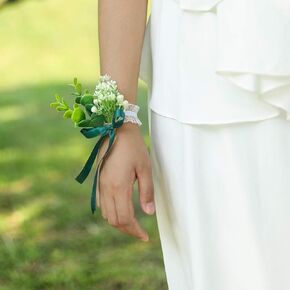 Wrist Corsage Bracelets with Ribbon Wristband Green Bridal Bridesmaid Wrist Corsage Hand Flower for Wedding Porm Party Decor Set of 2