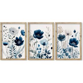 Flower Wall Art Prints Set of 3 Navy Blue Wildflower Lily Daisy 16"x11" Watercolor Picture Botanical Home Wooden Framed Sign For Bedroom Modren Living Room Bedroom Hang Decor (Black)