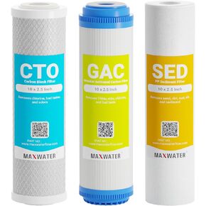 Max Water 5 Micron Replacement Filter Cartridge Set (10 inch x 2.5 inch) for Standard RO (Reverse Osmosis) Water Filter Systems - PP Sediment, GAC & CTO (3 Replacement filters)