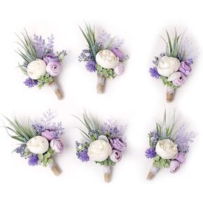 Set of 6 Purple Boutonniere for Best Men Groom Groomsmen White Buttonholes for Wedding Party Prom Decoration