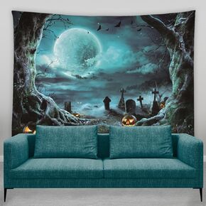 AMFD Halloween Tapestry Horror Cemetery Tombstone Night Sky Full Moon Cloudy Misty Forest Pumpkin Dead Tree Spooky Gothic Home Decor Wall Hanging Art for Living Room Bedroom Dorm 60x51 Inch