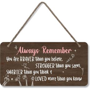 SmartSign 'You Are Braver Than You Believe Stronger Than You Seem' Wooden Hanging Sign with Rope - 6" x 12" Wall Décor Sign For Bathroom, Workspace, Cafe, White/Pink on Rustic Background