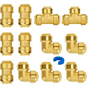 SUNGATOR Push Fittings 1/2 inch Bundle, No Lead Brass Plumbing Fittings 90 Degree Elbow (5 PCS), Tee (3 PCS) to Connect Pex, Copper, CPVC, with A Disconnect Clip, Pack of 8