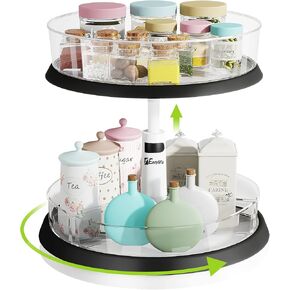 1Easylife 2 Tiers Lazy Susan, 11 Inches Turntable Clear Organizer, Height Adjustable Bins for Kitchen Cabinet Pantry Cabinet, Bathroom Countertop Organizer, 1x Large Bin and 3 x Divided Bins