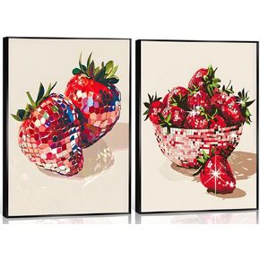 2Pcs Funky Red Strawberry Disco Canvas Wall Art Aesthetic Preppy Posters Trendy Glam Disco Ball Strawberries Wall Decor Coquette Strawberries Fruit Pictures Prints for Girls Apartment 12x16in framed