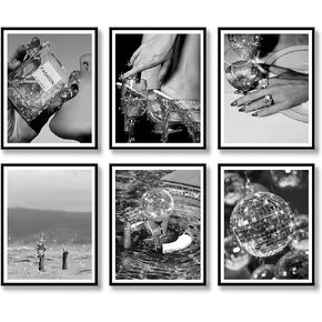 Fashion Wall Art Prints Set of 6 Feminist Black and White Glam Posters Retro Luxury Modern Women Champagne Mirror Ball Canvas Wall Decor for Living Room Bedroom (A, 8"x10" UNFRAMED)