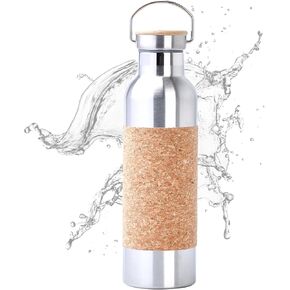 SteadyDoggie 25oz Yoga Water Bottle - Non-Slip Cork Design - Double Wall Vacuum Insulation - Leak-Proof Cap - Metal Tumbler For Hot & Cold Drinks - With THIN DETACHABLE Cork SLEEVE- 10.3 x 3 in
