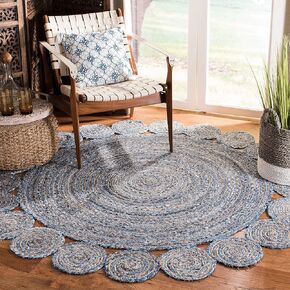 SAFAVIEH Cape Cod Collection 3' Round Blue / Natural CAP211L Handmade Boho Braided Jute & Cotton Area Rug