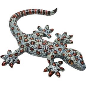 Tiny 3¾" Long Grey with Red and Black Dots Gecko Figurine - Miniature Hand Made Painted Ceramic Lizard Salamander Animal Porcelain Clay Decorative Collectible Figurines Home Décor Gifts
