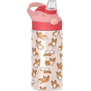 Blueangle Cartoon Corgis Pattern Kids Water Bottle with Straw Lid, 12oz Stainless Steel Insulated Water Reusable Leak Proof Water Bottle for School（67）