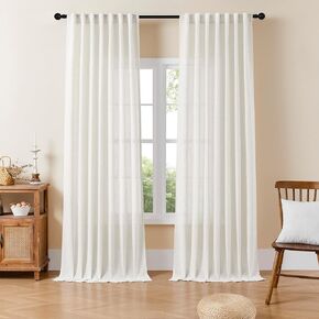 Joydeco Light filtering Curtains 90 Inch Length for Bedroom, Linen Curtains 90 Inch Length 2 Panels Set for Living Room，White Semi Sheer Curtains 90 Inches Long with Rod Pockets