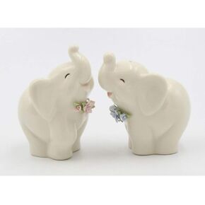 Fine Porcelain Happy Lucky Elephants Couple with Pink and Blue Flowers Salt & Pepper Shakers Set, 3-1/4" H