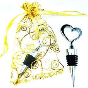 WeddParty 24 PCS Wedding Favor for Guests,Matal Alloy Heart Wine Bottle Stopper Champagne Saver with Golden Organza bags for Party Souvenirs Gift Supplies Decoration (24pcs,with Organza Bag)