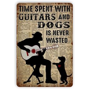 Guitar Metal Tin Sign, Time Spent On Guitar and Dog Will Never Waste Aluminum Metal Fun Bathroom Vintage Tin Signs Office Bar Sign Man Cave Decor Cafe Farmhouse Wall Decoration Art 8X12Inch
