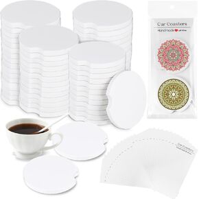 Zhehao 136 Pcs Ceramic Car Coasters with Bags and Cards 2.64'' Sublimation Coasters Blanks Ceramic Car Cup Holder Coasters with A Finger Notch for Easy Removal Car Coaster Packaging for Selling