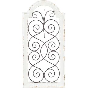 Deco 79 Wood Scroll Home Wall Decor Arched Window Inspired Wall Sculpture with Metal Scrollwork Relief, Wall Art 10" x 1" x 20", White