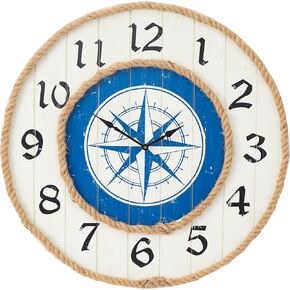 Deco 79 Wooden Compass Wall Clock with Rope Accents, 24" x 2" x 24", Blue
