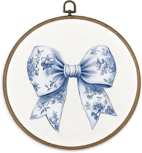 MAQIKA Chinoiserie Blue Bow Framed Wall Art Decor, Coquette Room Decor, Trendy Blue and White Round Wall Hanging Decor, Preppy Bow Canvas Prints Wall Art for Girls Room Bathroom Kitchen,10x10 Inch in Saudi Arabia