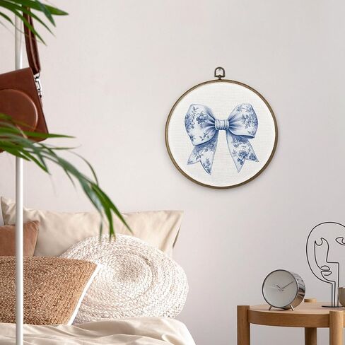 MAQIKA Chinoiserie Blue Bow Framed Wall Art Decor, Coquette Room Decor, Trendy Blue and White Round Wall Hanging Decor, Preppy Bow Canvas Prints Wall Art for Girls Room Bathroom Kitchen,10x10 Inch in Saudi Arabia