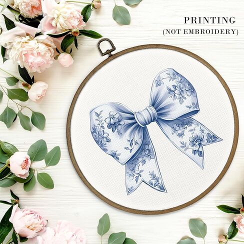 MAQIKA Chinoiserie Blue Bow Framed Wall Art Decor, Coquette Room Decor, Trendy Blue and White Round Wall Hanging Decor, Preppy Bow Canvas Prints Wall Art for Girls Room Bathroom Kitchen,10x10 Inch in Saudi Arabia