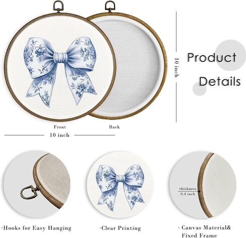 MAQIKA Chinoiserie Blue Bow Framed Wall Art Decor, Coquette Room Decor, Trendy Blue and White Round Wall Hanging Decor, Preppy Bow Canvas Prints Wall Art for Girls Room Bathroom Kitchen,10x10 Inch in Saudi Arabia