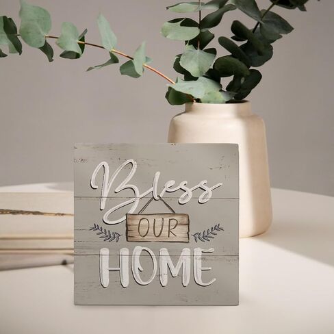 Bless Our Home Wood Box Sign Desk Decor - Rustic Home Decor, Blessed Signs for Home Decor, Housewarming Decorations, House Warming Gifts for New Home, 5x5 in Saudi Arabia