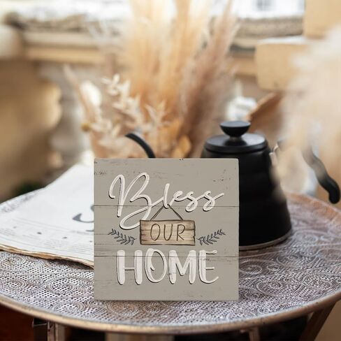 Bless Our Home Wood Box Sign Desk Decor - Rustic Home Decor, Blessed Signs for Home Decor, Housewarming Decorations, House Warming Gifts for New Home, 5x5 in Saudi Arabia