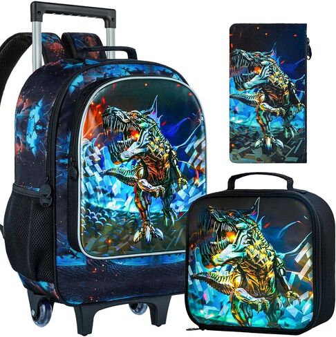 4PCS Rolling Backpack for Boys,Kids Dinosaur Backpacks with Roller Wheels, Wheeled Bookbag with Lunch Box for Toddler Elementary School in Saudi Arabia