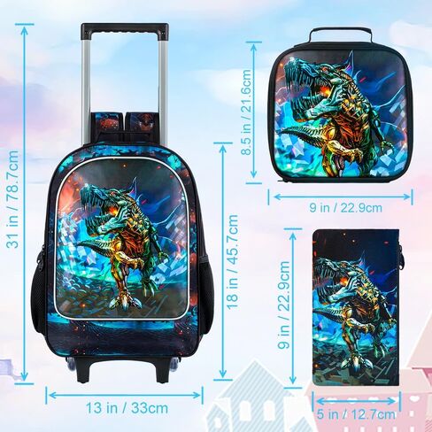 4PCS Rolling Backpack for Boys,Kids Dinosaur Backpacks with Roller Wheels, Wheeled Bookbag with Lunch Box for Toddler Elementary School in Saudi Arabia