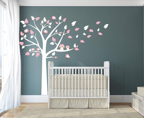 Cute Owls with Birds Stand on The Tree Wall Decals Tree Wall Decals Tree Wall Sticker for Kid Baby Nursery Room (87x78) (Blue) in Saudi Arabia
