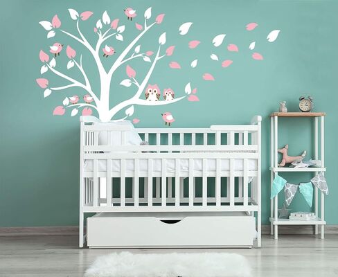 Cute Owls with Birds Stand on The Tree Wall Decals Tree Wall Decals Tree Wall Sticker for Kid Baby Nursery Room (87x78) (Blue) in Saudi Arabia