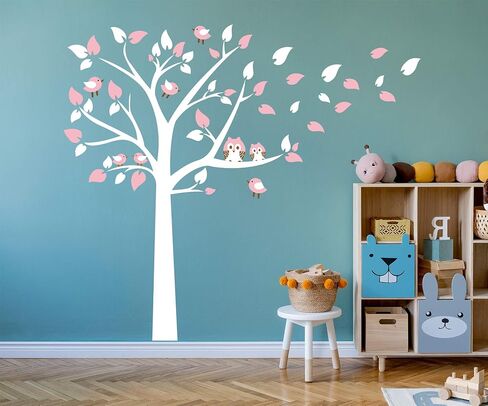 Cute Owls with Birds Stand on The Tree Wall Decals Tree Wall Decals Tree Wall Sticker for Kid Baby Nursery Room (87x78) (Blue) in Saudi Arabia