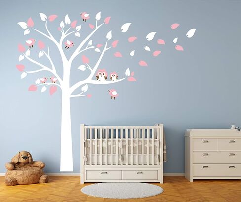Cute Owls with Birds Stand on The Tree Wall Decals Tree Wall Decals Tree Wall Sticker for Kid Baby Nursery Room (87x78) (Blue) in Saudi Arabia