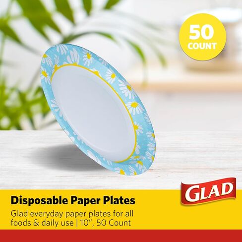 Glad Everyday Round Disposable Paper Plates with Lovely Daisies Design,| Cut-Resistant, Microwavable Paper Plates for All Foods & Daily Use | 10 Inches, 50 Count in Saudi Arabia