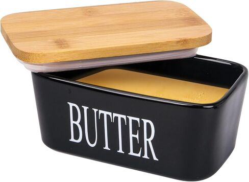 Butter Dish with Cover - Ceramics Butter Container with Bamboo Lid for Countertop,Double-layer Silicone Sealing Larger Butter Dishes with Covers Perfect for East West Coast Butter (Black with Words) in Kuwait