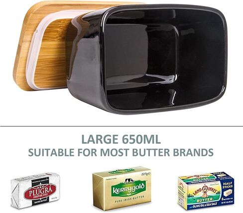 Butter Dish with Cover - Ceramics Butter Container with Bamboo Lid for Countertop,Double-layer Silicone Sealing Larger Butter Dishes with Covers Perfect for East West Coast Butter (Black with Words) in Kuwait